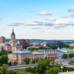 Scenic view of Rhode Island's skyline showcasing government buildings and infrastructure improvements.