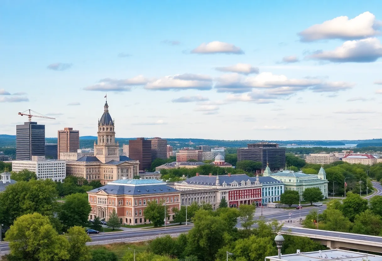 Scenic view of Rhode Island's skyline showcasing government buildings and infrastructure improvements.