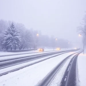 Snow-covered streets and trees in Rhode Island during a winter storm