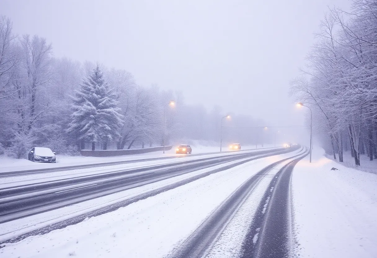 Snow-covered streets and trees in Rhode Island during a winter storm