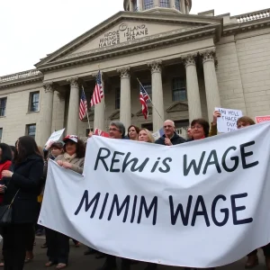 Celebration outside the Rhode Island State House for minimum wage increase
