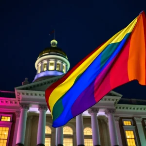 Illuminated Rhode Island State House with rainbow colors for Pride Month