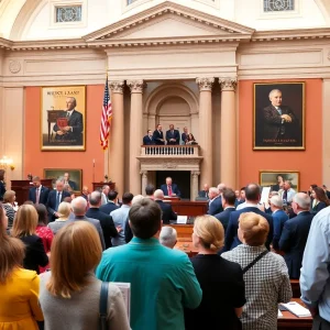 Discussion on legislative reforms in front of the Rhode Island State House
