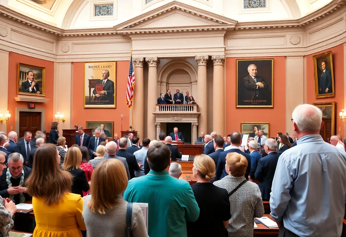 Discussion on legislative reforms in front of the Rhode Island State House