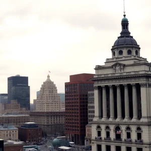 Cityscape of Rhode Island showing stock exchange buildings under a cloudy sky