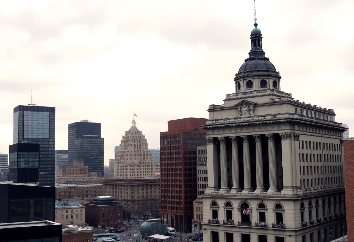 Cityscape of Rhode Island showing stock exchange buildings under a cloudy sky