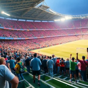 Fans and supporters gathering for a soccer event at a large stadium.