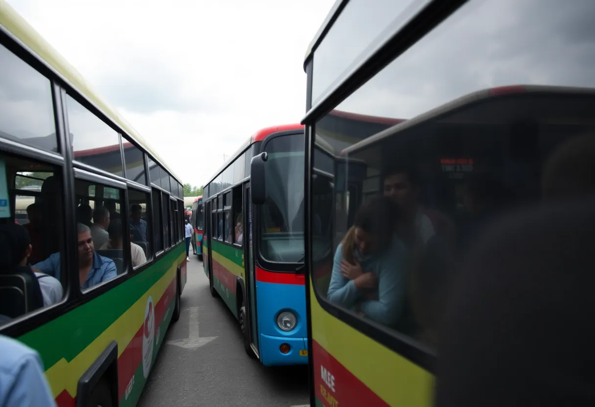 Public transit scene showing RIPTA buses and commuters