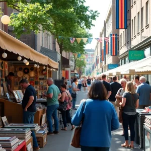 Vibrant street fair in Providence showcasing records and vintage goods