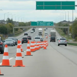 Construction work on Route 6 with traffic cones and vehicles in the background.