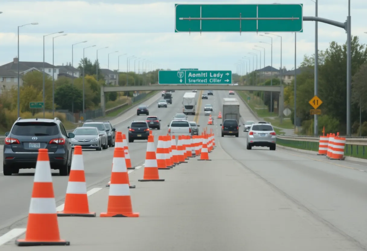 Construction work on Route 6 with traffic cones and vehicles in the background.
