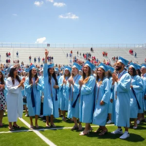 Graduates of Seekonk High School in light blue robes celebrating their graduation on Connolly Field.