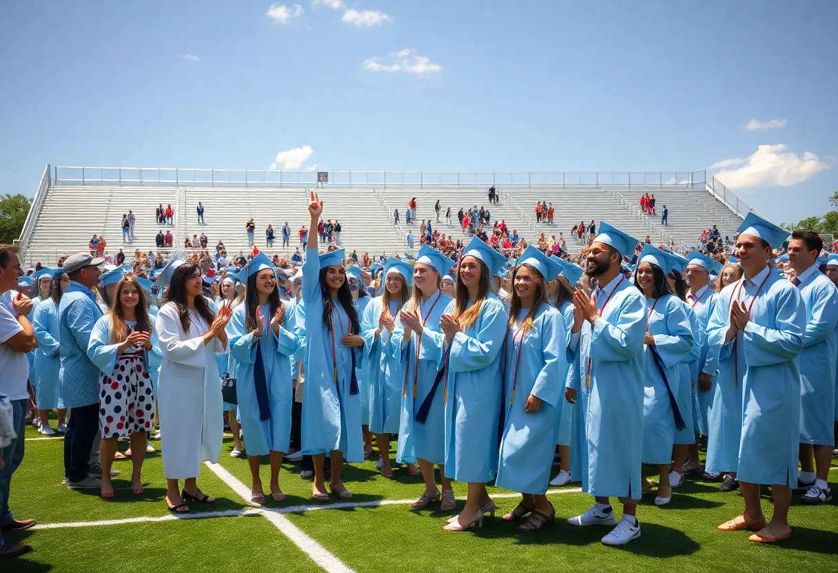 Graduates of Seekonk High School in light blue robes celebrating their graduation on Connolly Field.