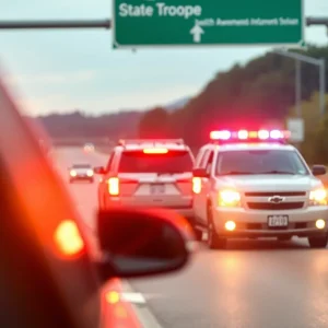 State trooper's vehicle on the highway with emergency lights