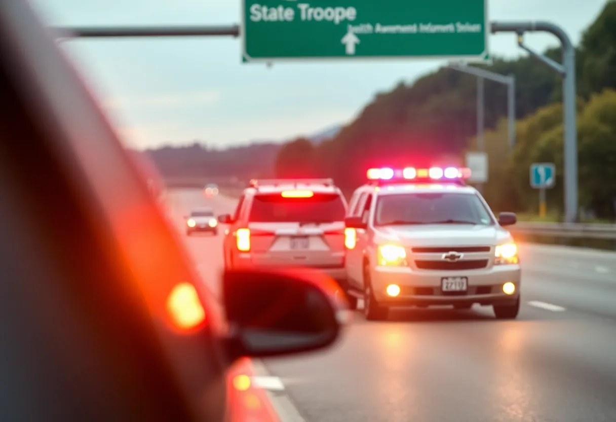 State trooper's vehicle on the highway with emergency lights