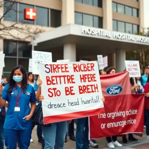 Striking healthcare workers protesting in front of Butler Hospital