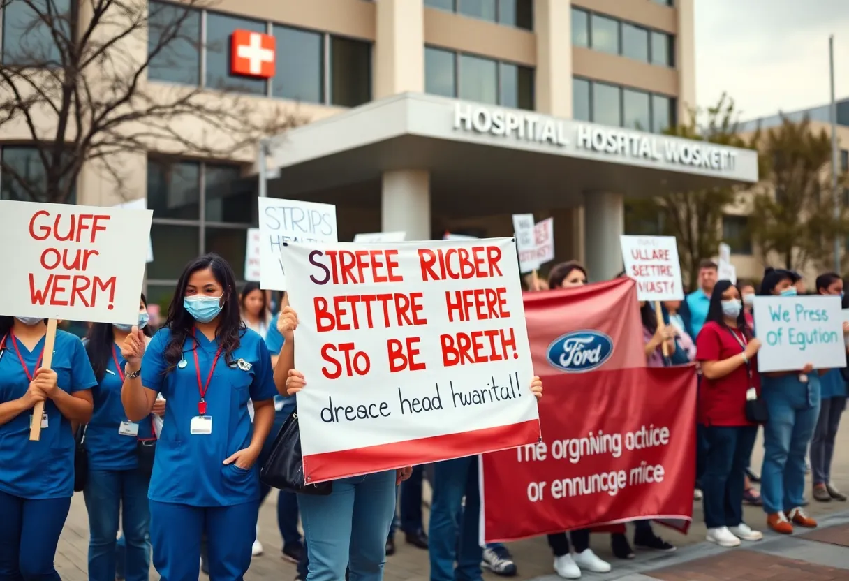 Striking healthcare workers protesting in front of Butler Hospital