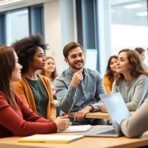 Students collaborating in a modern classroom at a community college.