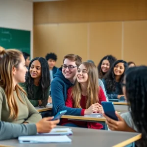 Diverse students engaged in a classroom discussion without cellphones.