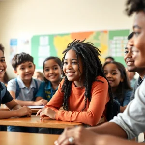 Diverse students interacting friendly at school