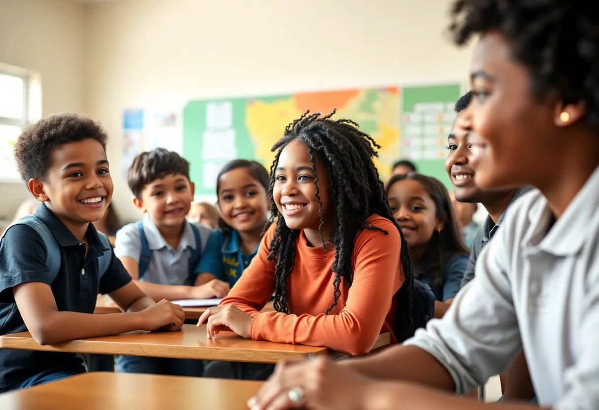 Diverse students interacting friendly at school