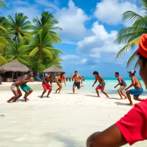 Contestants participating in a teamwork challenge on a tropical island