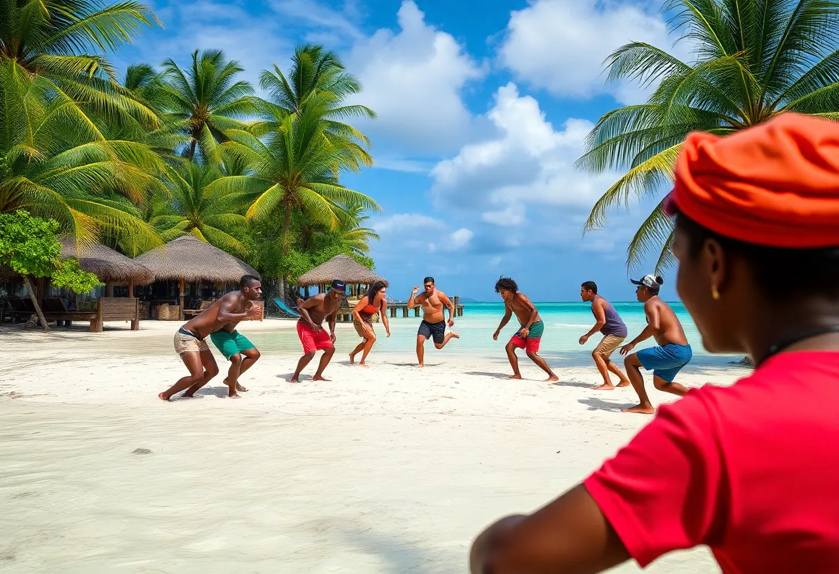 Contestants participating in a teamwork challenge on a tropical island