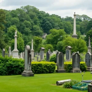 Serene view of Swan Point Cemetery with historical features