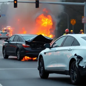 Scene of a two-car crash in Providence with a car on fire.