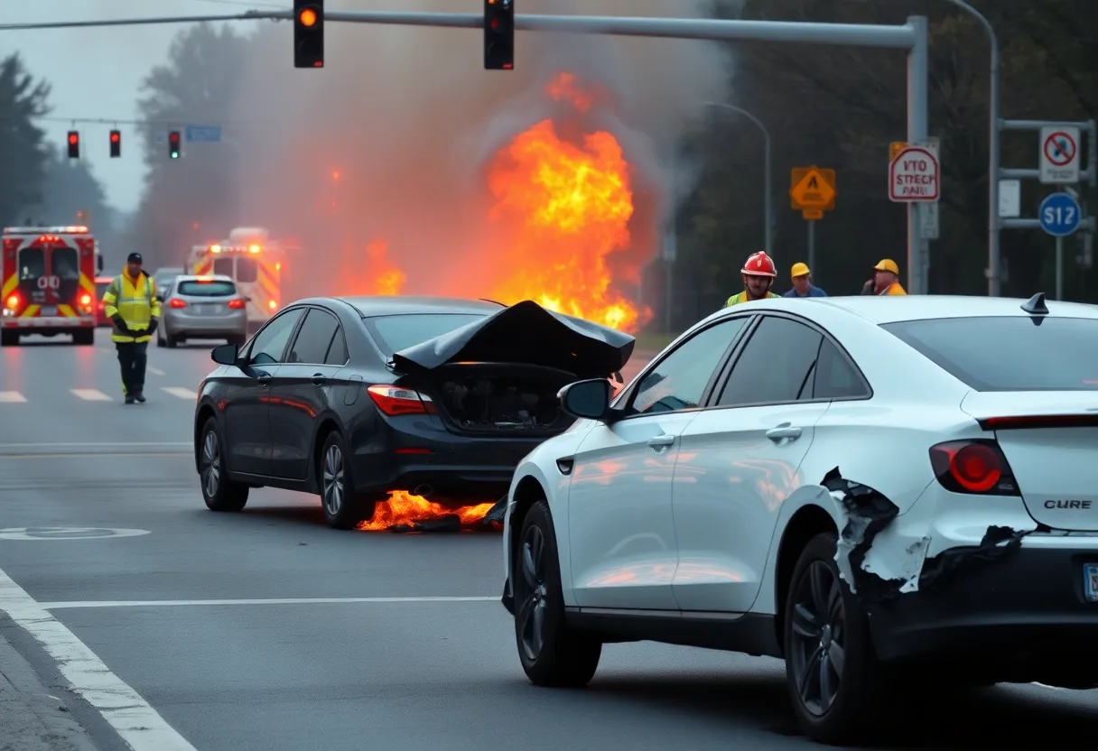 Scene of a two-car crash in Providence with a car on fire.