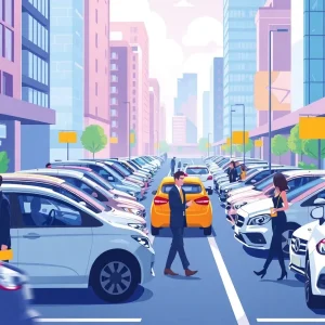 Parking area with valets and cars, symbolizing innovation in the parking industry.