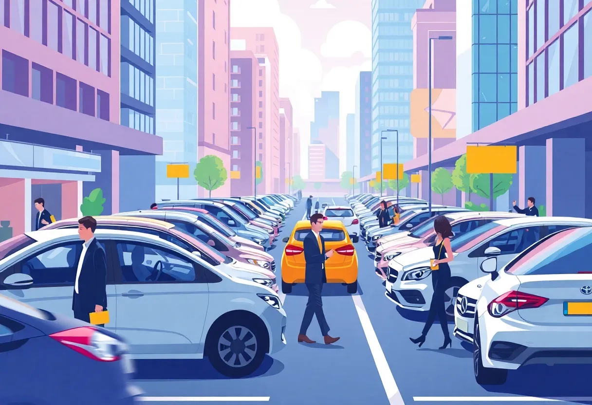 Parking area with valets and cars, symbolizing innovation in the parking industry.