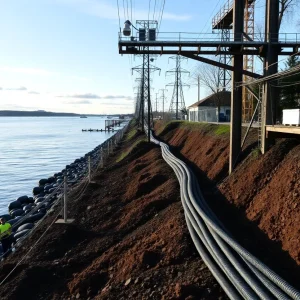 Construction workers burying utility lines along the waterfront in Rhode Island