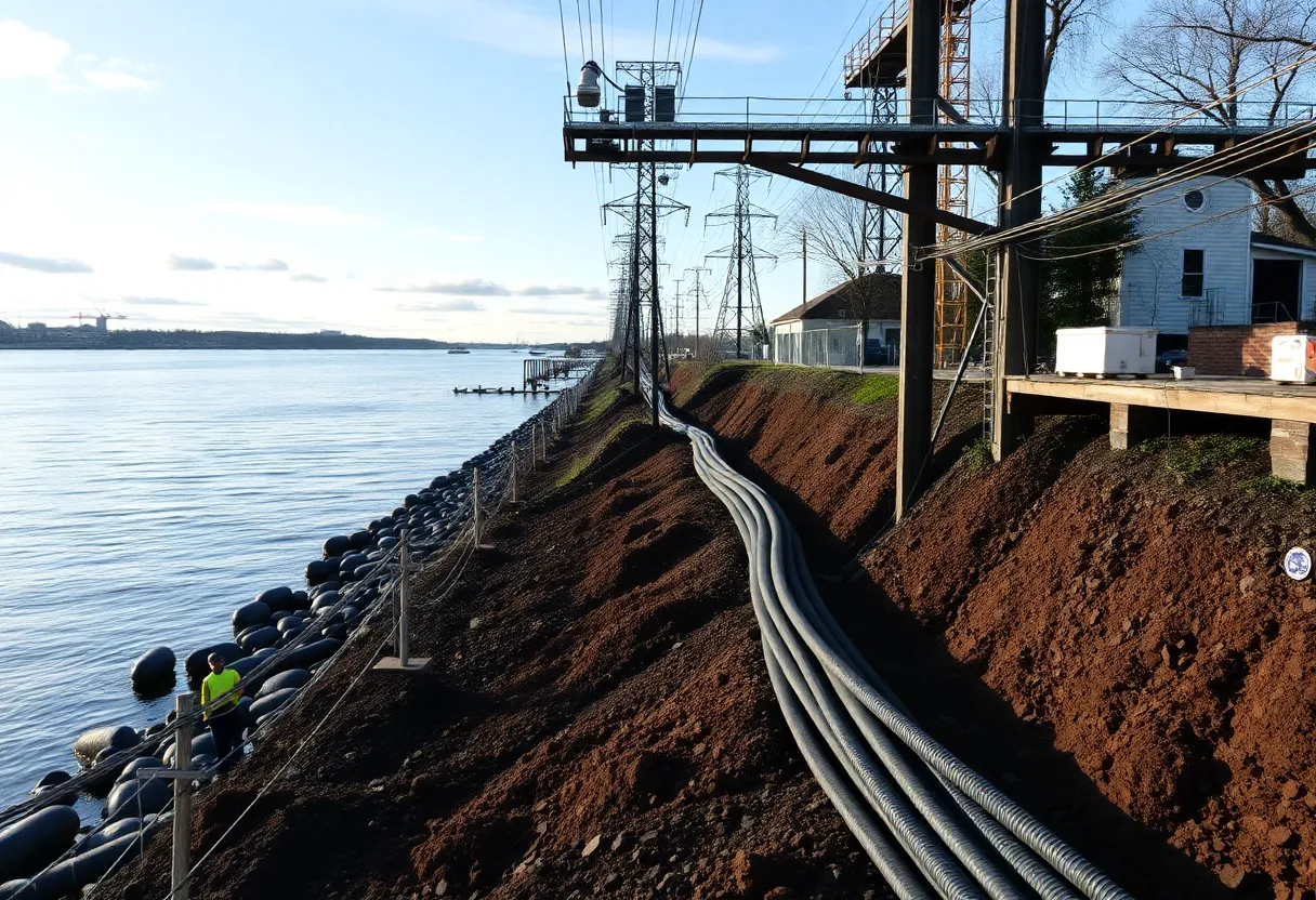 Construction workers burying utility lines along the waterfront in Rhode Island