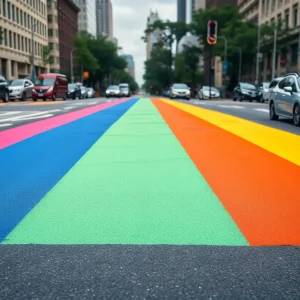 Vandalized Pride crosswalk with tire marks