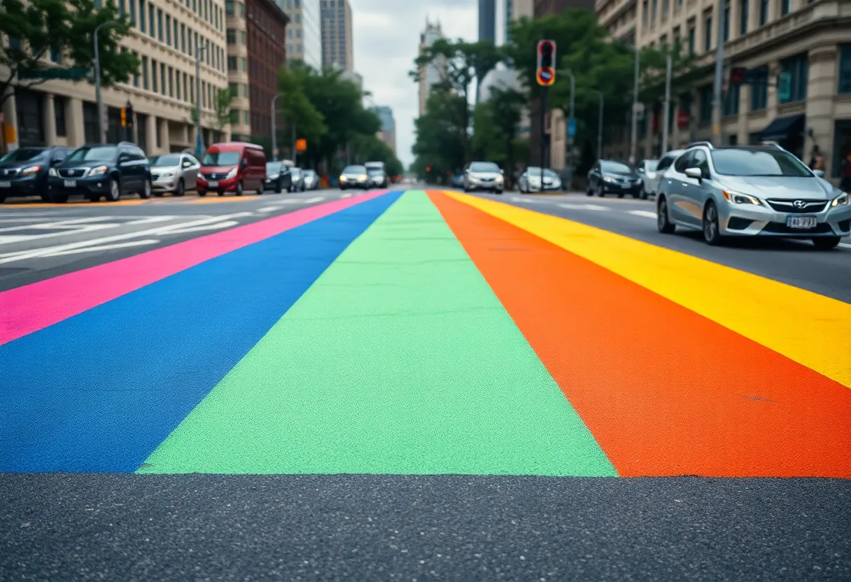 Vandalized Pride crosswalk with tire marks