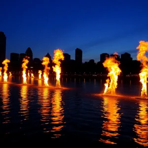 WaterFire event with flames and city skyline