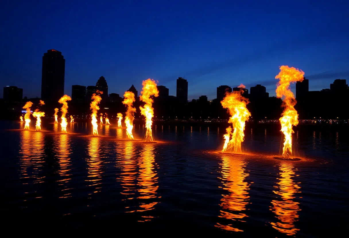 WaterFire event with flames and city skyline