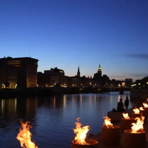 Evening view of WaterFire Providence with lit braziers over the river