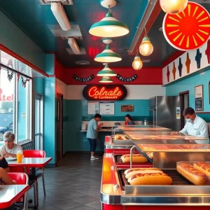 Interior of Wein-O-Rama showing hot dogs and customers