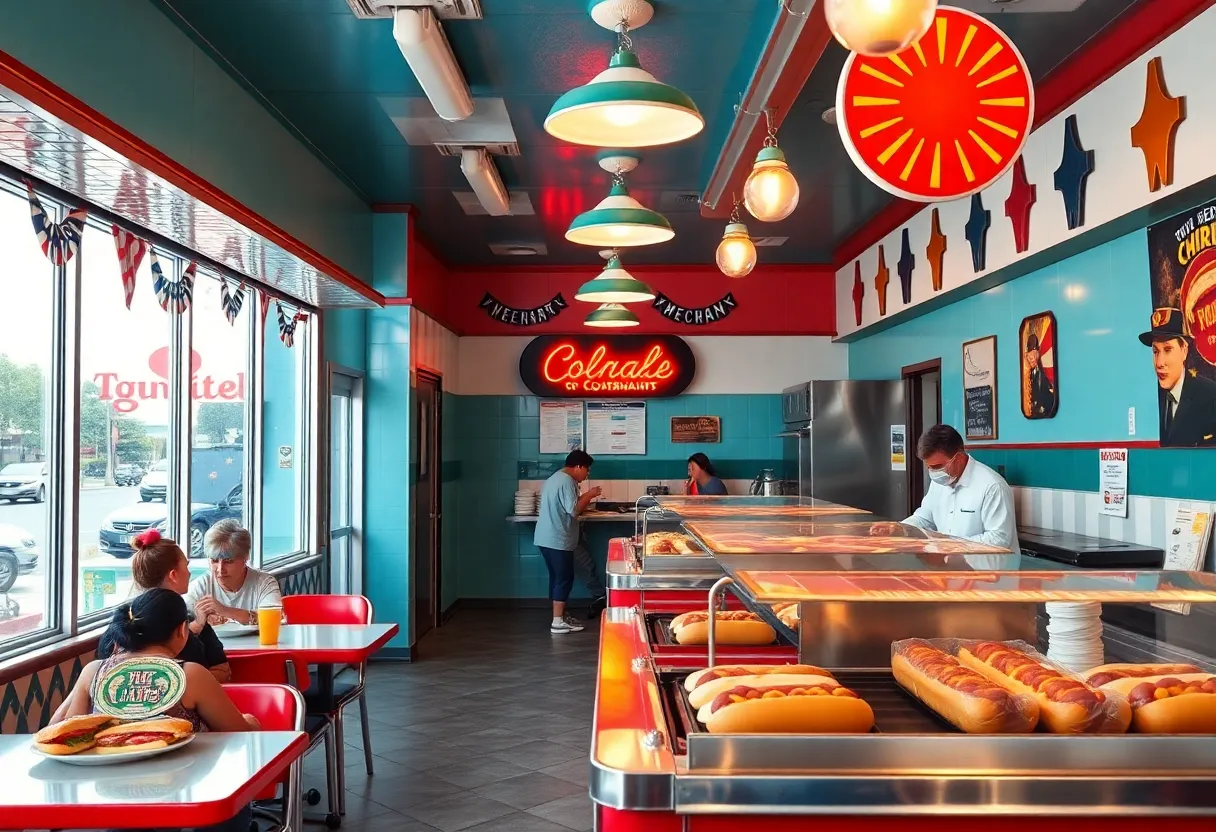 Interior of Wein-O-Rama showing hot dogs and customers