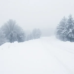 Snow-covered road in Rhode Island during winter storm
