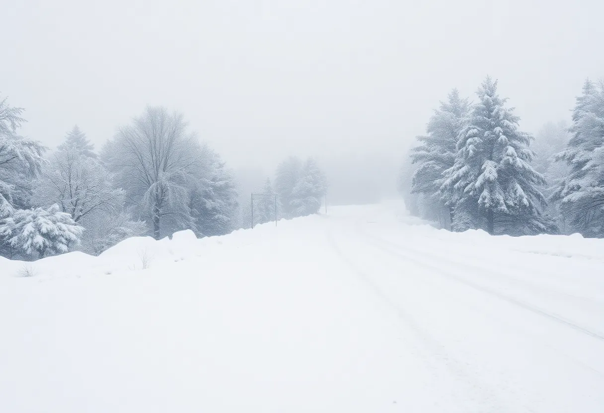 Snow-covered road in Rhode Island during winter storm