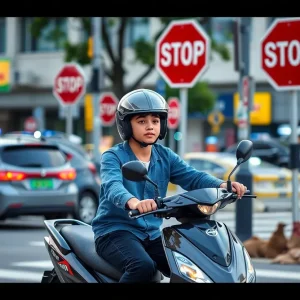 Young rider on a moped at a stop sign in Cranston