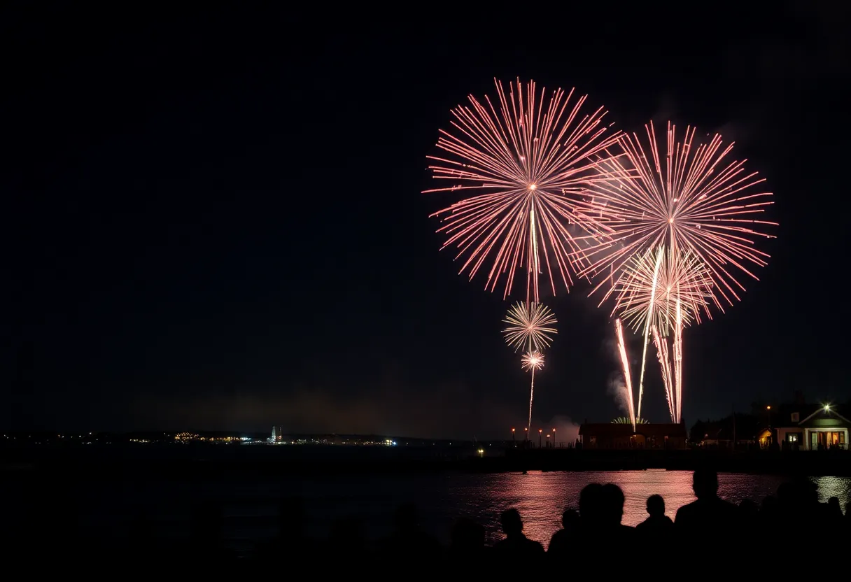 Colorful fireworks illuminating the night sky during 4th of July celebrations in Rhode Island.