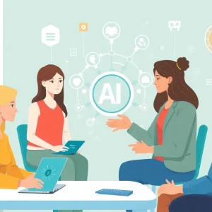 Illustration of AI technologies aiding mental health professionals in a collaborative workspace.