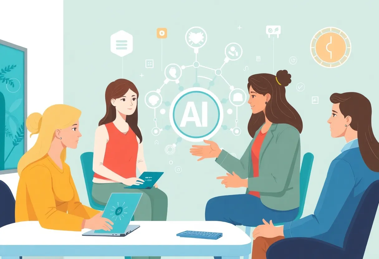 Illustration of AI technologies aiding mental health professionals in a collaborative workspace.