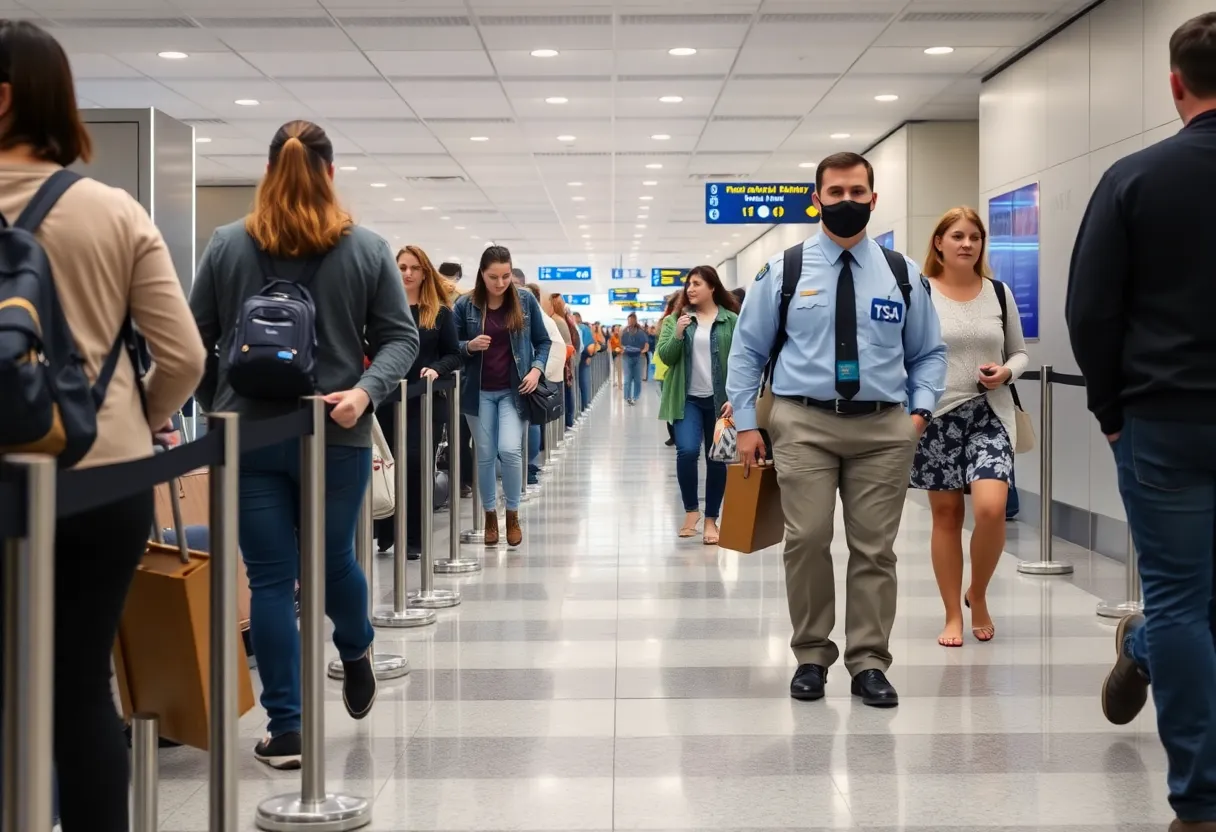 Passengers going through airport security without removing shoes.