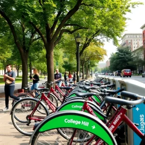 Bicycle sharing station located on College Hill with students and greenery.