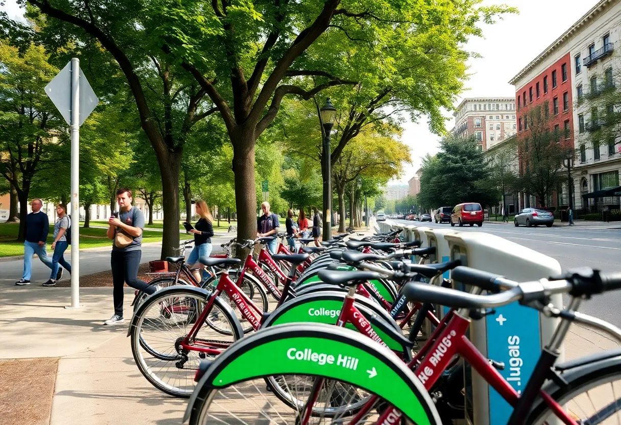 Bicycle sharing station located on College Hill with students and greenery.